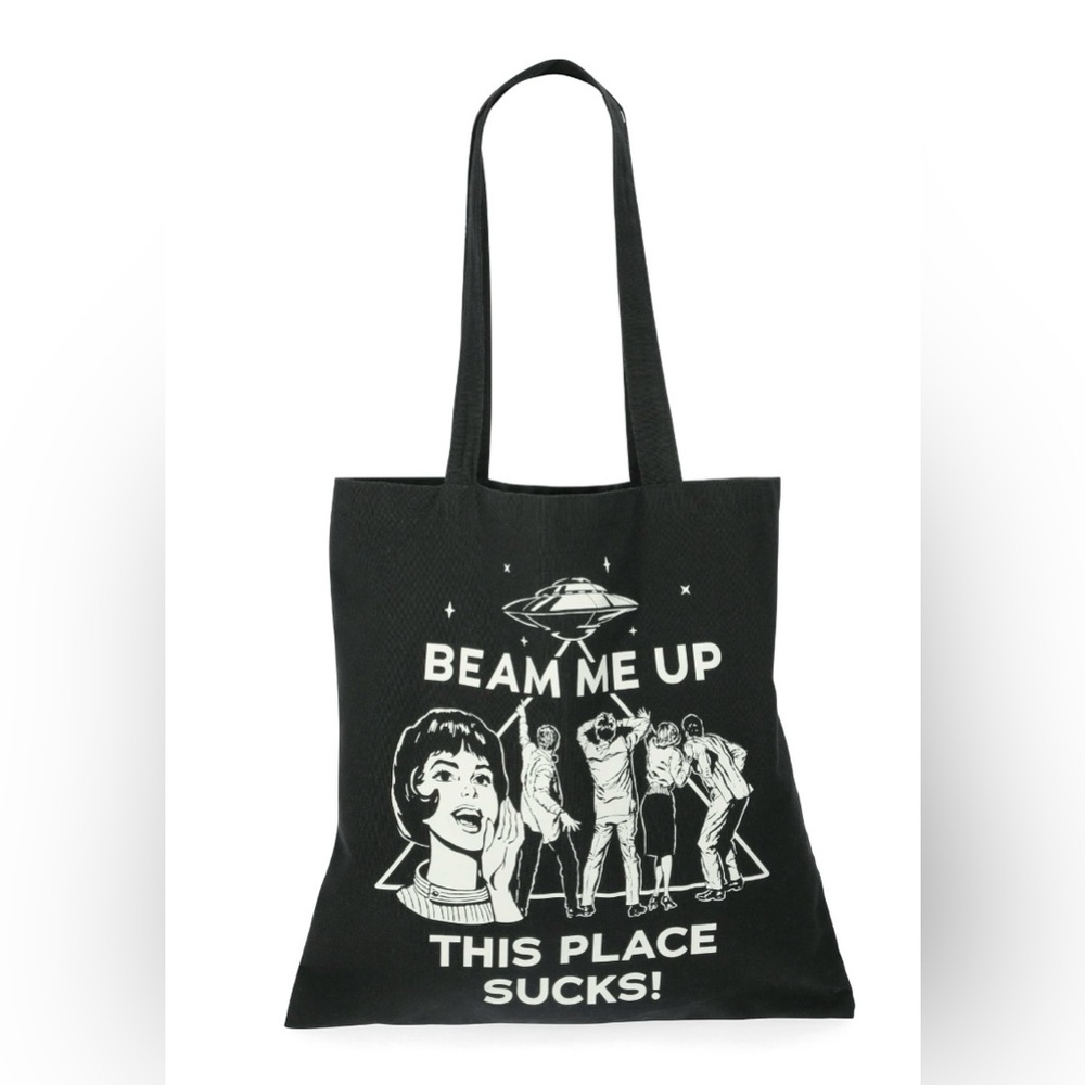 Stranger Things “Beam‎ Me Up This Place Sucks” Black Canvas Tote Bag NWT